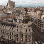Aerial view of Madrid's Gran Via featuring the historic Metropolis Building.