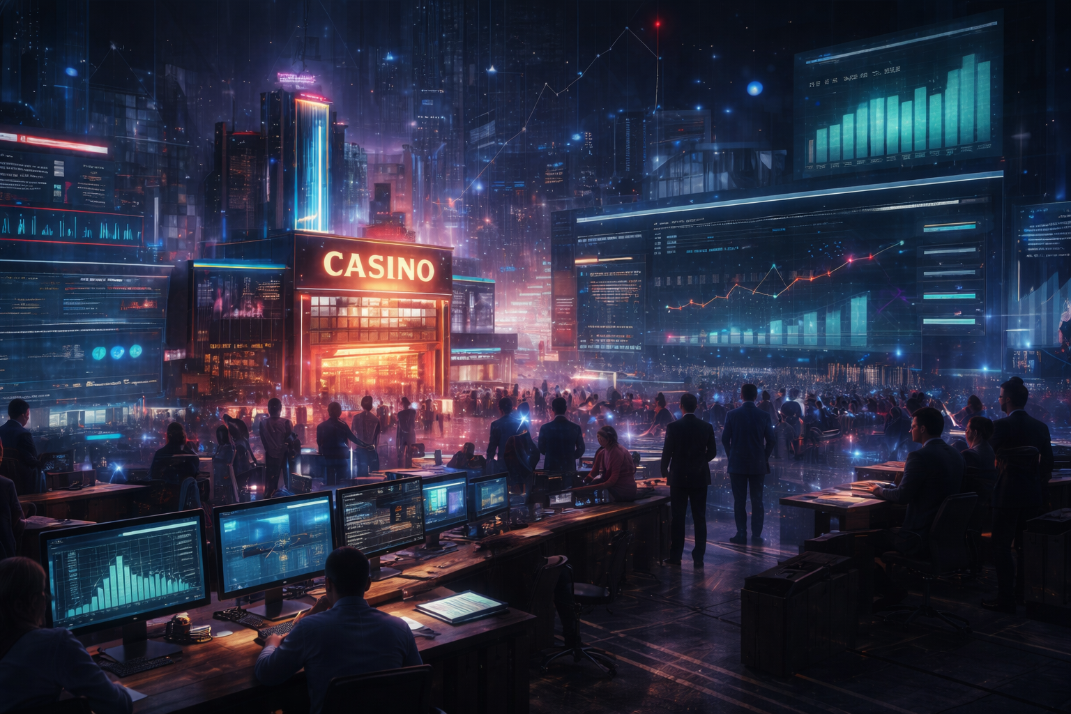 Futuristic online casino player acquisition concept with data analytics dashboards